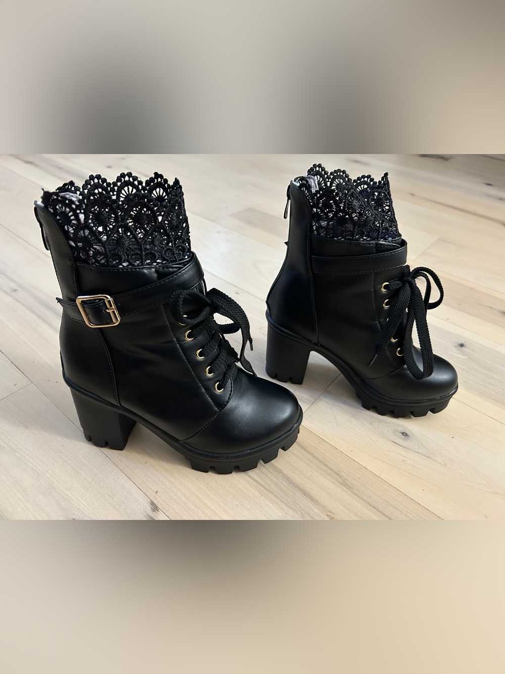Black Chunky Heel Booties Buckle Ankle lace Zip Back Size 6.5